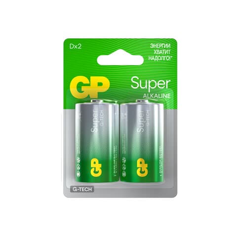 Батарейки КОМПЛЕКТ 2 шт., GP Super G-Tech, D (LR20, 13А), алкалиновые, блистер, 13A-2CR2