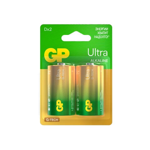 Батарейки КОМПЛЕКТ 2 шт., GP Ultra G-Tech, D (LR20, 13А), алкалиновые, блистер, 13AU-CR2
