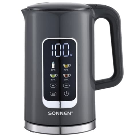 Чайник с терморегулятором и дисплеем, ДВОЙНЫЕ СТЕНКИ, SONNEN KT-8723G, 1,7 л, 2200 Вт, серый, 454690