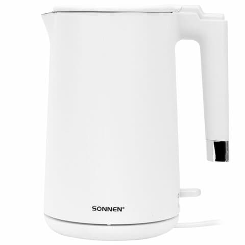 Чайник электрический с двойными стенками SONNEN KT-8719W, 1,5 л, 2200 Вт, белый, 454691
