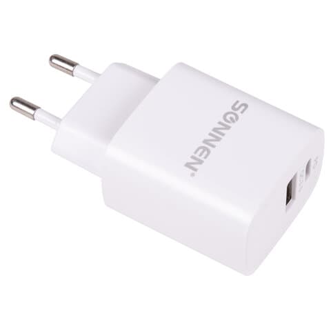 Зарядное устройство быстрое сетевое (220 В) SONNEN, USB QC 3.0 + Type-C PD 20 Вт, 3 А, белое, 455505