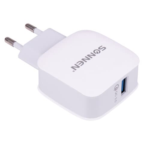 Зарядное устройство быстрое сетевое (220 В) SONNEN, USB QC 3.0 18 Вт, 3 А, белое, 455506