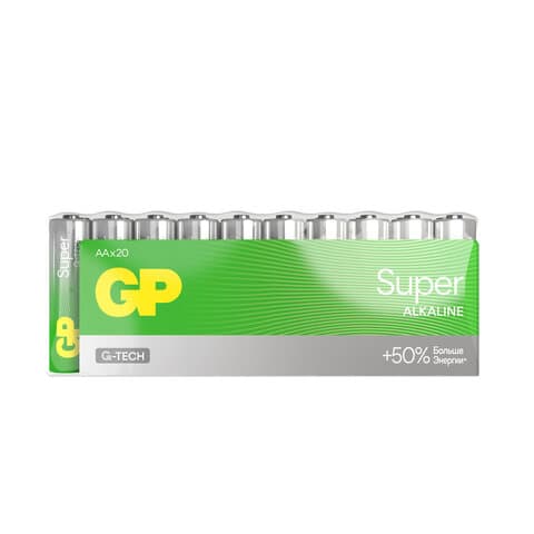 Батарейки КОМПЛЕКТ 20 шт., GP Super G-Tech, AA (LR6,15А), алкалиновые, пальчиковые, 15A-2CRVS20, GP 15A-2CRVS20