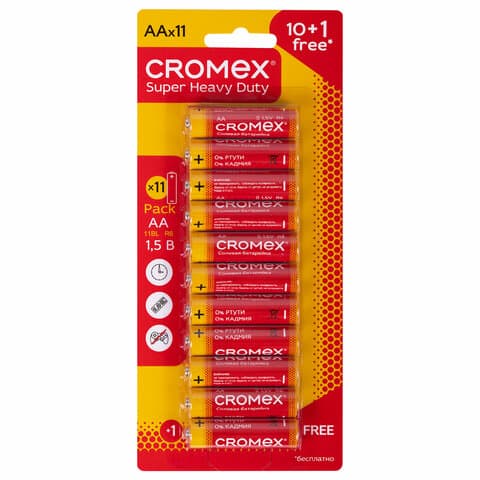 Батарейки солевые "пальчиковые" КОМПЛЕКТ 10+1 шт., CROMEX (КРОМЕКС) Super Heavy Duty, AA (R6,15A), блистер, 456256