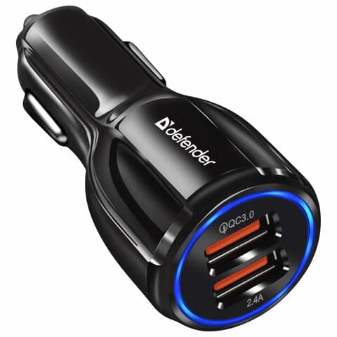 Зарядное устройство АВТОМОБИЛЬНОЕ, 2 порта USB, выходной ток 3А, черное, DEFENDER UCA-100, 83833