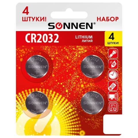 Батарейки литиевые SONNEN Lithium CR2032, "таблетки, дисковые, кнопочные", КОМПЛЕКТ 4 шт., блистер, 457142