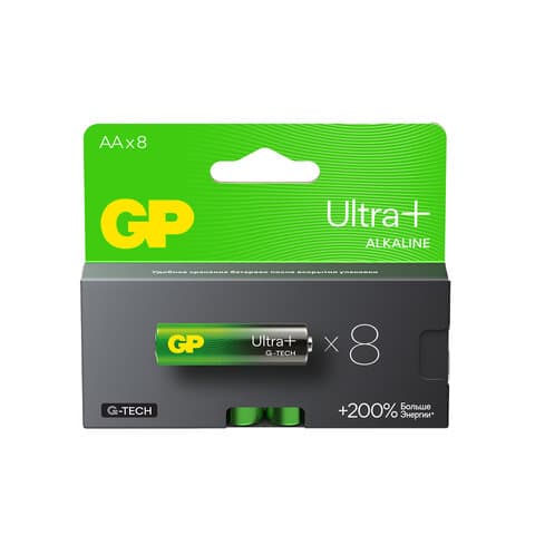 Батарейки КОМПЛЕКТ 8 шт., GP Ultra Plus G-Tech, AA (LR6), алкалиновые, пальчиковые, 15AUPA21-2CRB8