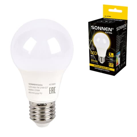 Лампа светодиодная SONNEN EXTRA, 7 (60) Вт, Е27, груша, теплый белый, 30000 ч, LED A60-7W-2700-Е27, 457889