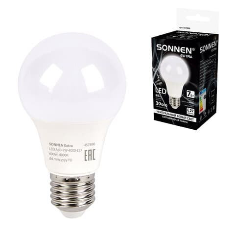 Лампа светодиодная SONNEN EXTRA, 7 (60) Вт, Е27, груша, нейтральный белый, 30000 ч, LED A60-7W-4000-Е27, 457890