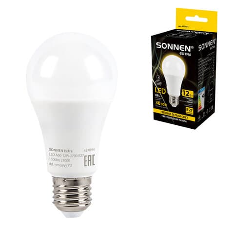 Лампа светодиодная SONNEN EXTRA, 12 (100) Вт, Е27, груша, теплый белый, 30000 ч, LED A60-12W-2700-Е27, 457894