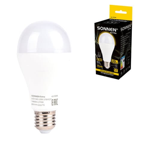 Лампа светодиодная SONNEN EXTRA, 20 (150) Вт, Е27, груша, теплый белый, 30000 ч, LED A65-20W-2700-Е27, 457898