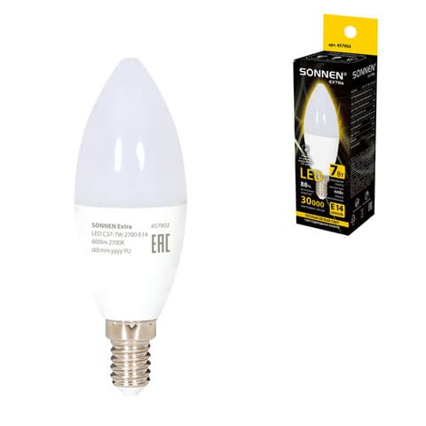 Лампа светодиодная SONNEN EXTRA, 7 (60) Вт, Е14, свеча, теплый белый, 30000 ч, LED C37-7W-2700-Е14, 457902
