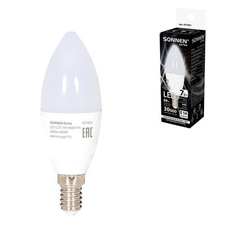 Лампа светодиодная SONNEN EXTRA, 7 (60) Вт, Е14, свеча, нейтральный белый, 30000 ч, LED C37-7W-4000-Е14, 457903