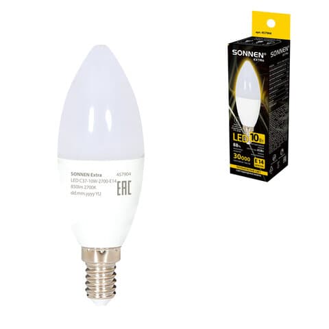 Лампа светодиодная SONNEN EXTRA, 10 (85) Вт, Е14, свеча, теплый белый, 30000 ч, LED C37-10W-2700-Е14, 457904