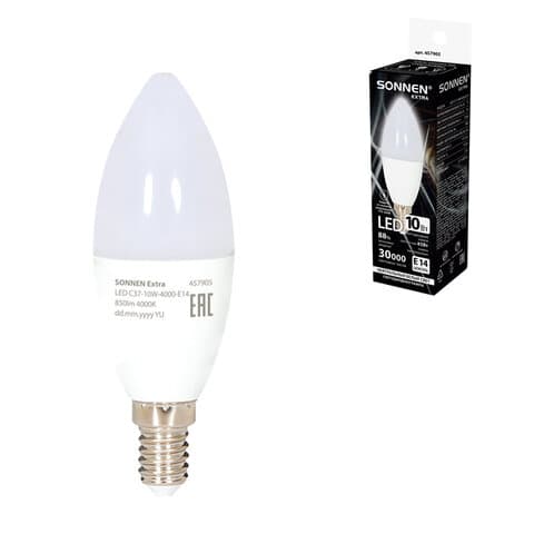 Лампа светодиодная SONNEN EXTRA, 10 (85) Вт, Е14, свеча, нейтральный белый, 30000 ч, LED C37-10W-4000-Е14, 457905