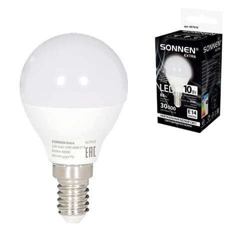 Лампа светодиодная SONNEN EXTRA,10 (85) Вт, E14, шар, нейтральный белый, 30000 ч, LED G45-10W-4000-Е14, 457910