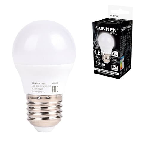 Лампа светодиодная SONNEN EXTRA, 7 (60) Вт, E27, шар, нейтральный белый, 30000 ч, LED G45-7W-4000-Е27, 457912