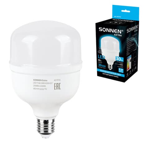 Лампа светодиодная SONNEN EXTRA, 30 (250) Вт, Е27, цилиндр, холодный белый, 30000 ч, LED Т100-30W-6500-Е27, 457916
