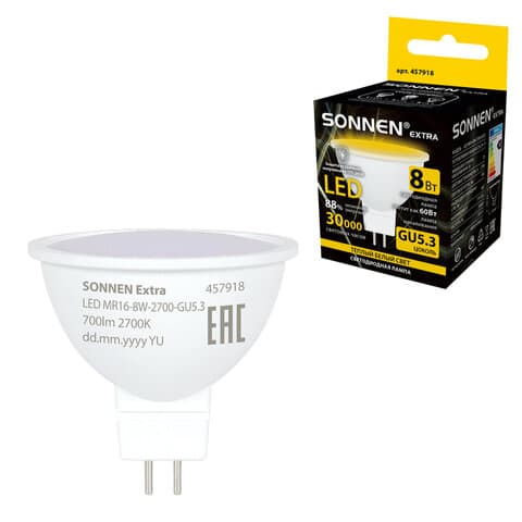 Лампа светодиодная SONNEN EXTRA, 8 (70) Вт, GU5.3, софит, теплый белый, 30000 ч, LED MR16-GU5.3-8W-2700, 457918
