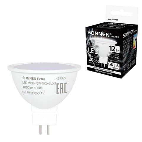 Лампа светодиодная SONNEN EXTRA, 12 (110) Вт, GU5.3, софит, нейтральный белый, 30000 ч, LED MR16-GU5.3-12W-4000, 457921