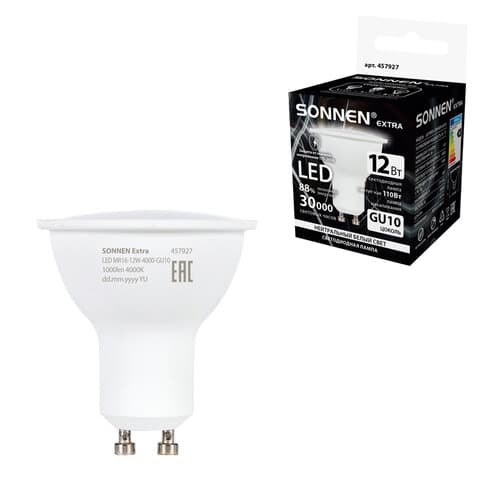 Лампа светодиодная SONNEN EXTRA, 12 (110) Вт, GU10, софит, нейтральный белый, 30000 ч, LED MR16-GU10-12W-4000, 457927