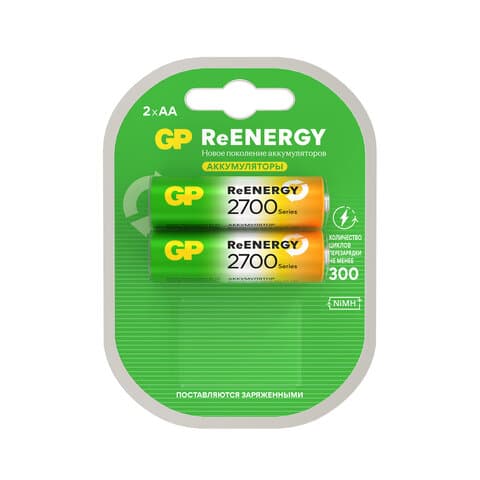 Батарейки аккумуляторные GP ReEnergy Ni-Mh пальчиковые КОМПЛЕКТ 2 шт., АА (HR6), 2600 mAh, 270AAHCRGY, 270AAHCRGY-2CR