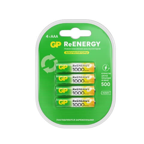 Батарейки аккумуляторные GP ReEnergy Ni-Mh мизинчиковые КОМПЛЕКТ 4 шт., ААА (HR03), 950 mAh, 100AAAHCRGY, 100AAAHCRGY-2C