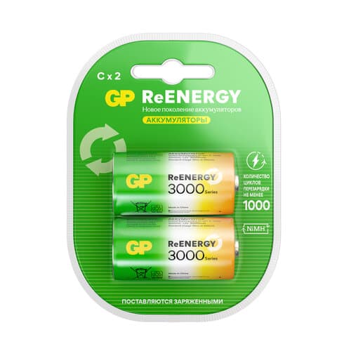 Батарейки аккумуляторные GP ReEnergy Ni-Mh КОМПЛЕКТ 2 шт., С (HR14), 3000 mAh, 300CHCRGY-2CRCB2