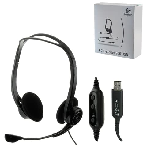Наушники с микрофоном (гарнитура) LOGITECH PC 960, проводная, компьютерная, 2,4 м, стерео, USB, черная