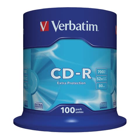 Диск CD-R VERBATIM 700 Mb 52х Cake Box (упаковка на шпиле), КОМПЛЕКТ 100 шт., 43411