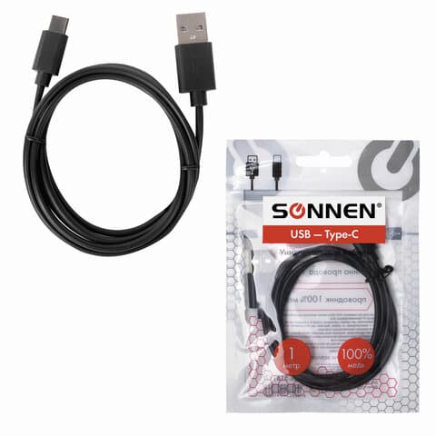 Кабель USB 2.0 – Type-C, 1 м, SONNEN, медь, для передачи данных и зарядки, черный, 513117