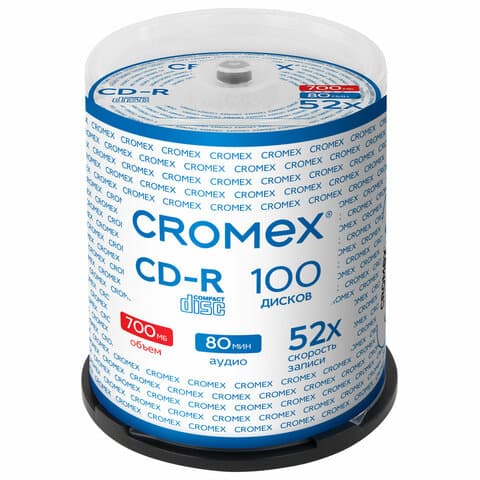 Диск CD-R CROMEX (КРОМЕКС), 700 Mb, 52x, Cake Box (упаковка на шпиле), КОМПЛЕКТ 100 шт., 513778