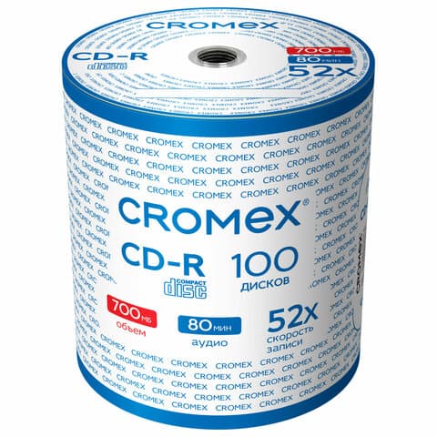 Диск CD-R CROMEX (КРОМЕКС), 700 Mb, 52x, Bulk (термоусадка без шпиля), КОМПЛЕКТ 100 шт., 513779