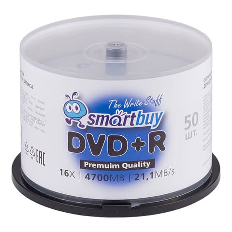 Диск DVD+R (плюс) SMARTBUY, 4,7 Гб, 16x, Cake Box (упаковка на шпиле), КОМПЛЕКТ 50 шт., SBDVPR50