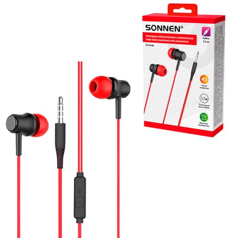 Наушники проводные внутриканальные с микрофоном SONNEN EP-H47RB, 1,1 м, красные/черные, 514129