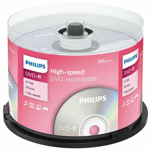 Диск DVD-R PHILIPS, 4,7 Гб, 16x, Cake Box (упаковка на шпиле), КОМПЛЕКТ 50 шт., DM4S6B50F/97