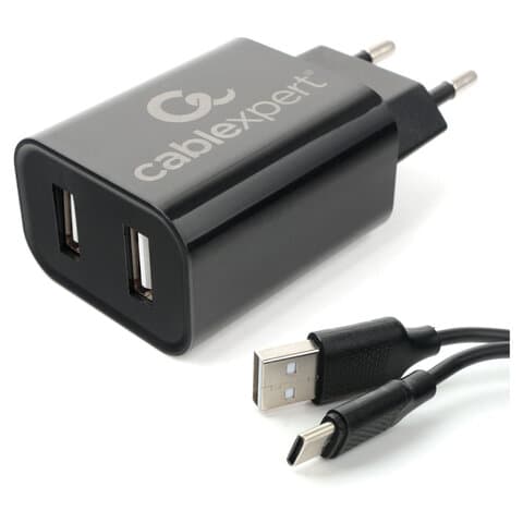 Зарядное устройство CABLEXPERT 12 Вт, 2.4 А, 2 х USB, кабель Type-C, 1 м, черный, коробка-блистер, MP3A-PC-37