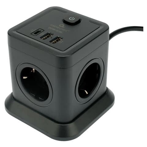 Сетевой фильтр CABLEXPERT Tower, 4 розетки, 10 А, 1 x Type-C PD, 20 Вт, 2 х USB, 2 м, черный, TWR-4-CU2-B-2