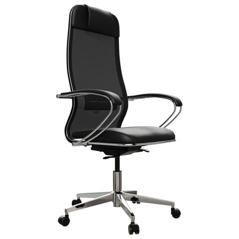 Кресло офисное МЕТТА "ErgoLife" Comfort, хром, сиденье мягкое, ткань-сетка/экокожа, черное