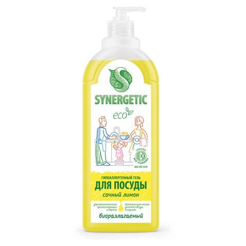Гель для мытья посуды биоразлагаемый 1 л, SYNERGETIC "Лимон", дозатор, 103101