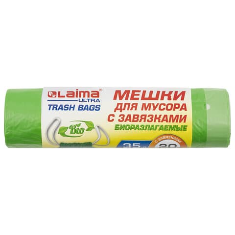 Мешки для мусора биоразлагаемые с завязками LAIMA "ULTRA" 35 л, рулон 20 шт., прочные, ПНД 15 мкм, 50х60 см, 607688