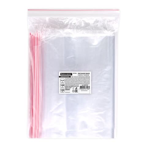 Пакеты ZIP LOCK "зиплок" СВЕРХПРОЧНЫЕ, комплект 100 шт., 250х350 мм, ПВД, 100 мкм, BRAUBERG EXTRA, 608183