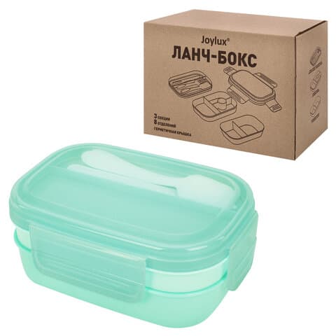 Ланч-бокс контейнер, 3 секции, 8 отделений, 1,9 л, ложка, вилка, нож, 10х21х14 см, мятный, JOYLUX (ДЖОЙЛЮКС), 609350
