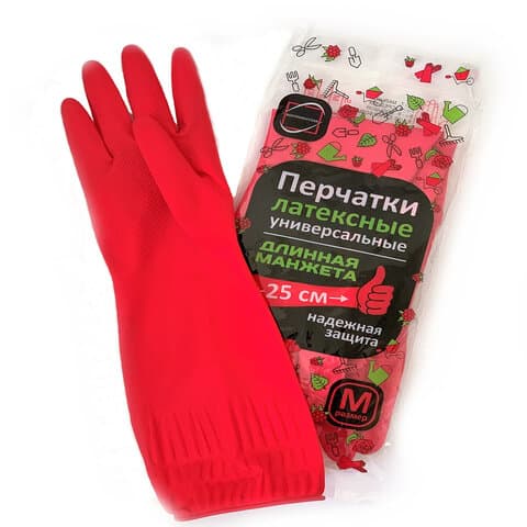 Перчатки МНОГОРАЗОВЫЕ латексные ДЛИННАЯ МАНЖЕТА 25 см КРАСНЫЕ, размер 7-8, M (средний), вес 80 г, КП, 133332
