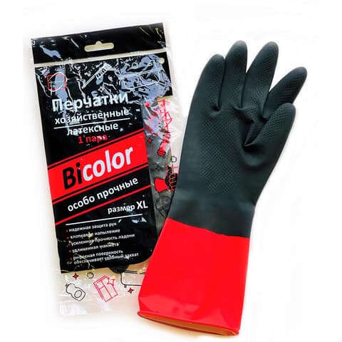 Перчатки МНОГОРАЗОВЫЕ латексные BiColor черно-красные, хлопчатобумажное напыление, размер 9-10, XL (очень большой), вес 70 г, КП, 139469