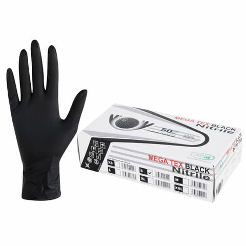 Перчатки нитриловые сверхпрочные с текстурой SFM MEGA TEX BLACK, Германия, 25 пар (50 штук), размер 6-7, S (малый)