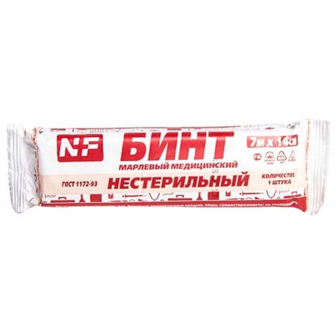 Бинт марлевый нестерильный 14 см х 7 м, плотность 32 (±2) г/м2, индивидуальная упаковка, NF