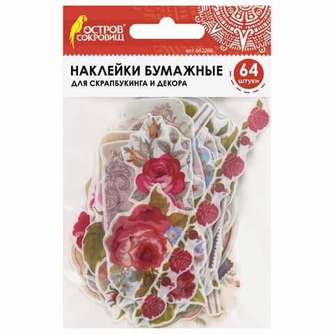 Наклейки для скрапбукинга РОЗЫ из washi-бумаги, 64 штуки, 32 дизайна, ОСТРОВ СОКРОВИЩ, 662266