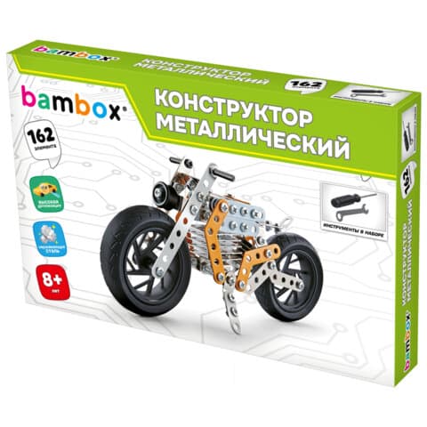 Конструктор металлический "Мотоцикл", с подвижными деталями, 162 элемента, BAMBOX (БАМБОКС), 666364