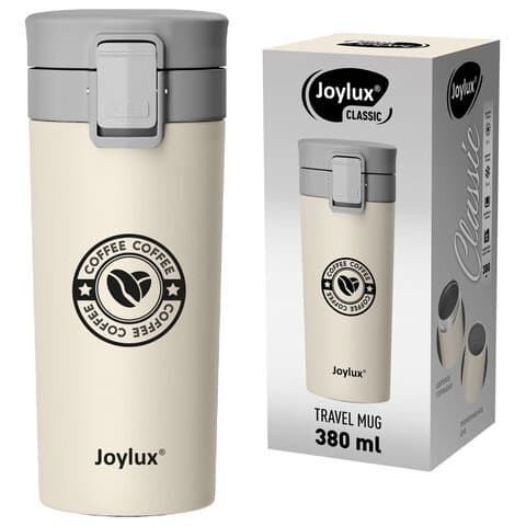 Термокружка 380 мл JOYLUX (ДЖОЙЛЮКС) CLASSIC COFFEE, нержавеющая сталь SUS304, бежевый с принтом, 700273